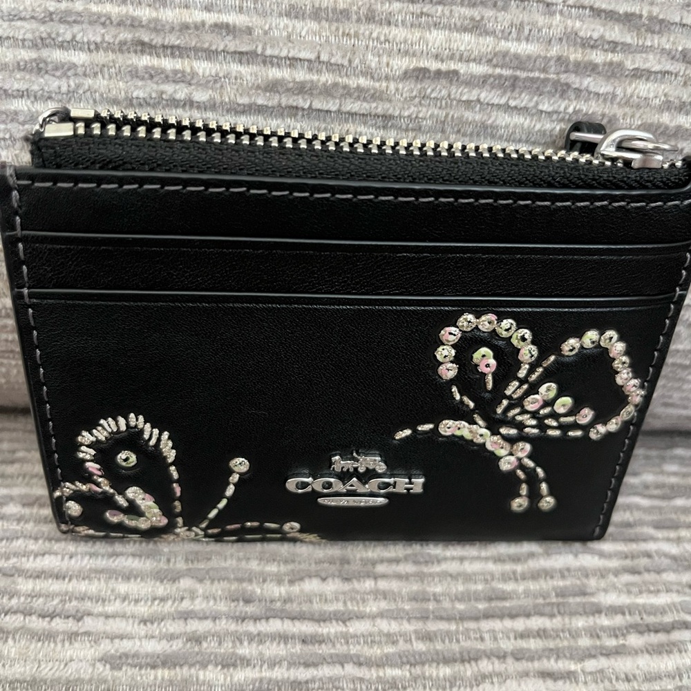Coach Black Leather Card Case Keyring with Sequin Butterfly Accent - Picture 2 of 8